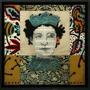 A mixed media portrait of a woman wearing a crown