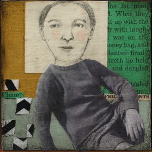 A mixed media collage of a boy sitting down
