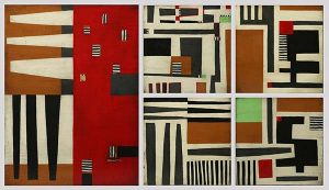 A collage of different black, white, and red striped abstract paintings