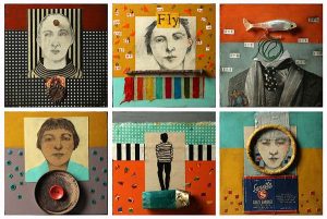 A collage of collages featuring drawings of faces and mixed media