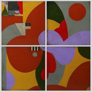 A collage of abstract paintings in bold yellow, red, and lavender
