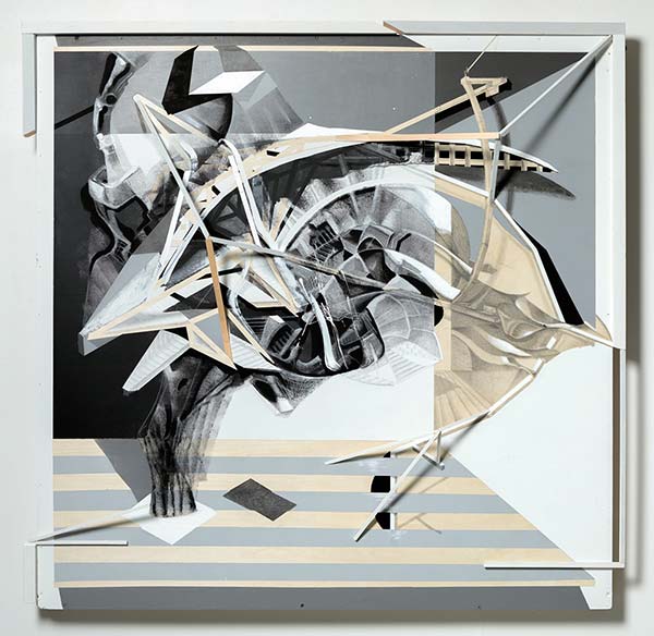 An abstract beige and grey painting featuring architectural imagery