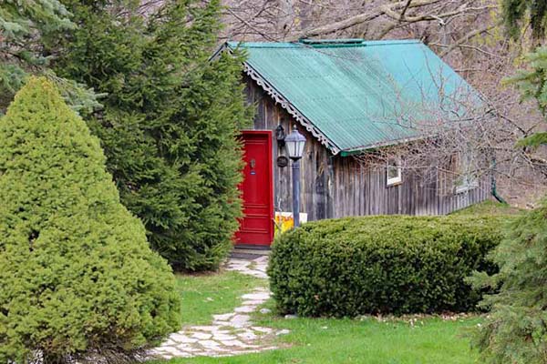 A small cottage studio with a bright red door and evergreens surrounding