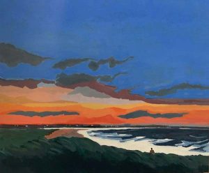 An acrylic painting of a beach at dusk