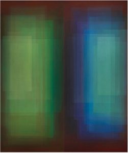An abstract painting of a box of green and a box of blue next to each other