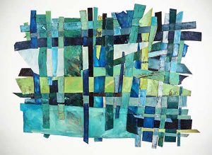 A woven collage of different green and blue woven past artworks