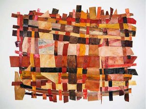 A woven collage of different red and orange ripped up artworks