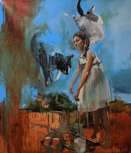 A painting of a small girl in a dress levitating with cats in the background