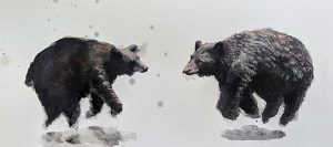A drawing of two levitating bears facing each other