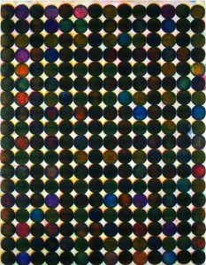 A painting of similarly colored circles lined in a large grid
