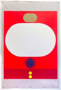 White, blue, and yellow round shapes painted onto a bright red background
