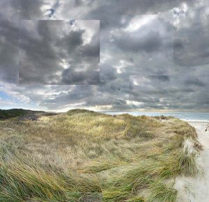 A photocollage of the dunes at a beach