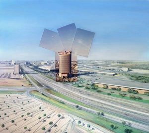 A photocollage of a building on the side of an empty highway