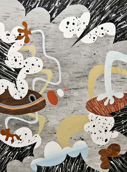 An abstract painting with a grey background and black and white-and-black spotted shapes throughout