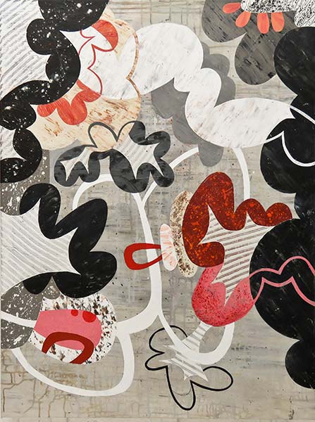 An abstract painting. A neutral grey background with red, grey, white, and black cloud-like forms throughout