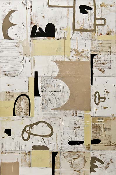 An abstract painting, made up of neutral tan and brown colors, mostly rectangular shaped, with line shapes drawn throughout. 