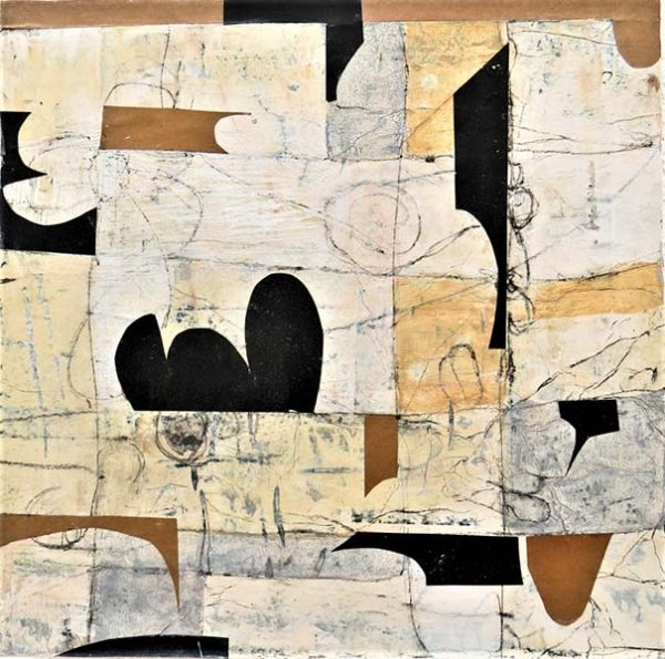 An abstract painting featuring neutral squares of varying shades of tan and brown