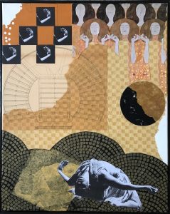 Kim Triedman, The Lord, She Will Carry Us. Collage on canvas, 20” x 16”