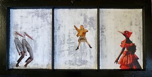 Kim Triedman, Girls Just Wanna Have Fun. Paper and glue on reclaimed window, 17 1/2” x 34”