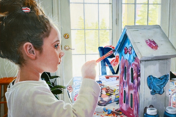 A hyperrealistic painting of a young girl painting a birdhouse bright neon colors