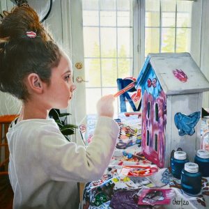 A hyperrealistic painting of a young girl painting a birdhouse bright neon colors