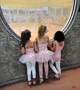 A painting of three young ballerinas watching a dance class