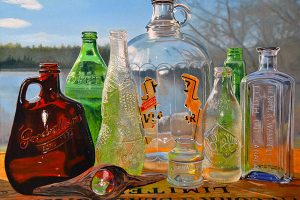 A hyperrealistic painting of a small collection of glasses