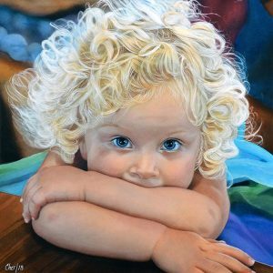 A painting of a blonde child looking directly at the viewer