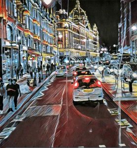 A painting of a busy city street at night
