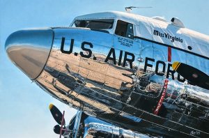 A hyperrealistic painting of the nose of a US Air Force Plane