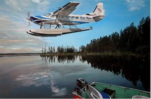 A painting of a seaplane approaching a lake