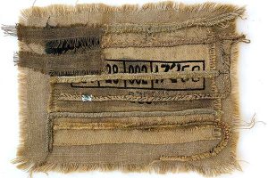 Fiber art--Cancel Culture, repurposed burlap and jute, by Janet Jaffke