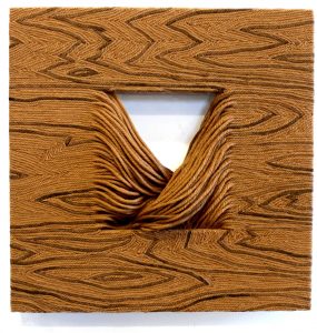Landscape wood, acrylic, yarn,nylon flock 12’’ x 12’’ x 2’’ by Douglas Dale, fiber art