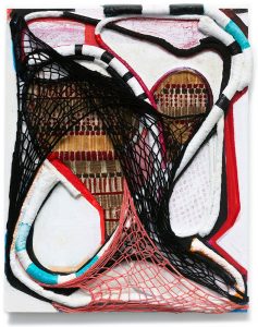 Freedomland my knitting, upholstery cord, recycled fabric, acrylic paint on wood panel 30'' x 24'' By Susan Mastrangelo