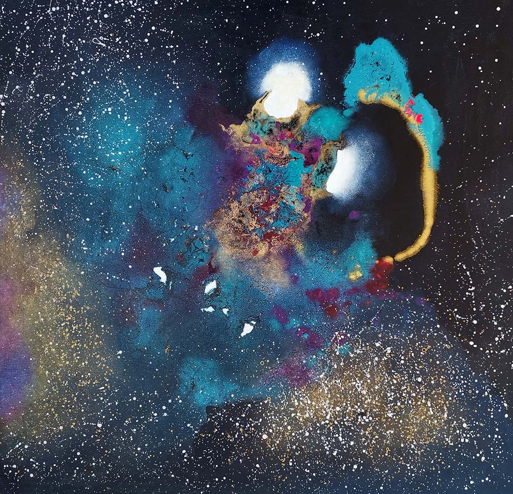 Cosmos Light from the Void acrylic, enamel 28'' x 28'' By Lynda Stevens