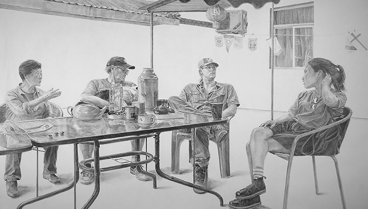 The Discussion; graphite drawing by Kyle Baker