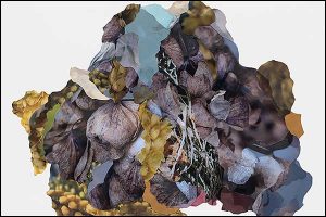 Hive mixed-media collage with Mylar and photo-transfer on fabric on paper 41 1/2'' x 60'' BY Lisa McCutcheon