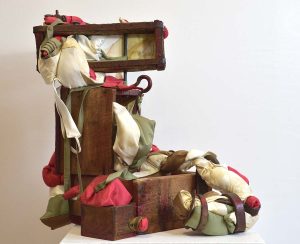 Fluid Mechanics recycled wood and metal, fabric, paper, watercolor, graphite 20'' x 20'' x 21'' By Chantal Tichit